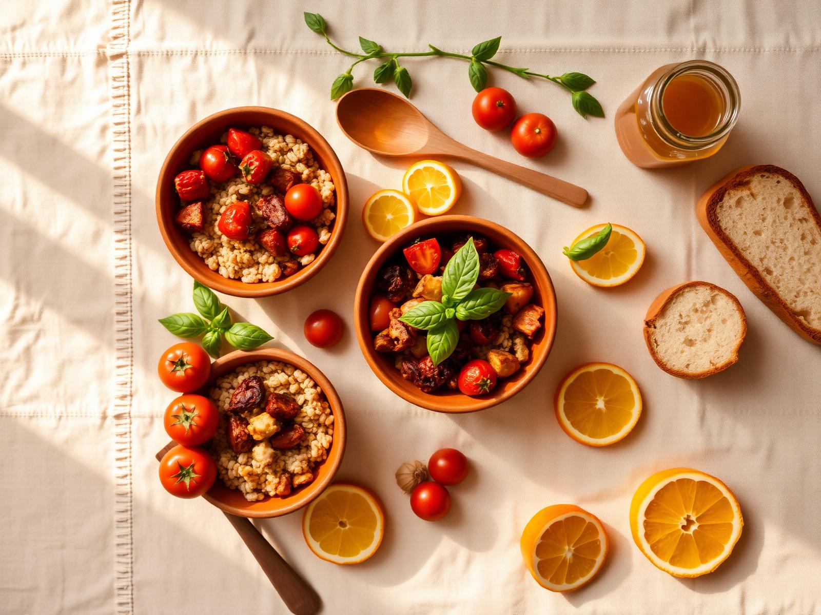 Composição de comida saudável em bowls de terracota